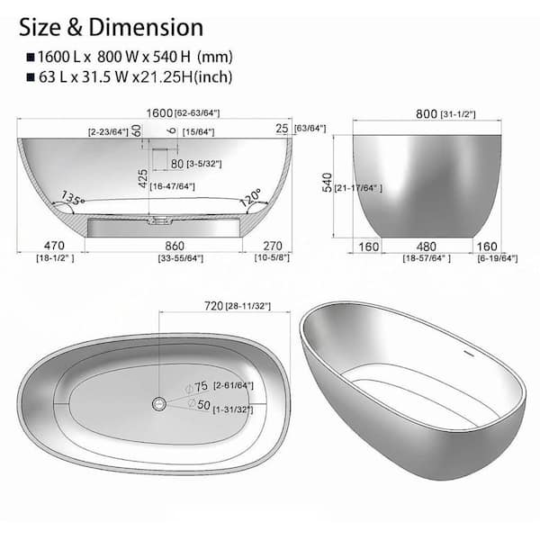 Moray 63 in. x 31 in. Solid Surface Stone Resin Flat Bottom Freestanding Bathtub Soaking Bathtub in Matte White
