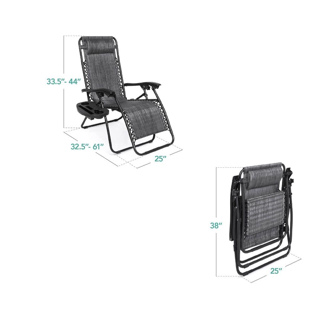 Set of 2 Gray Zero Gravity Patio Loungers with Cup Holder Trays