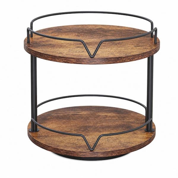 12 in. 2 Tier Wood Lazy Susan, Rotating Spice Rack, Spice Turntable Organizer, Industrial Turntable Spice Holder, Brown