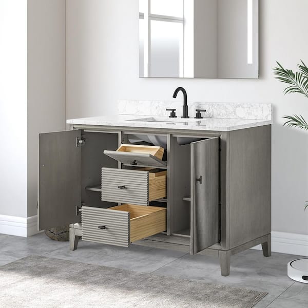48 in. W x 22 in. D Single Sink Freestanding Driftwood Gray Bath Vanity Cabinet with White Engineered Marble Top