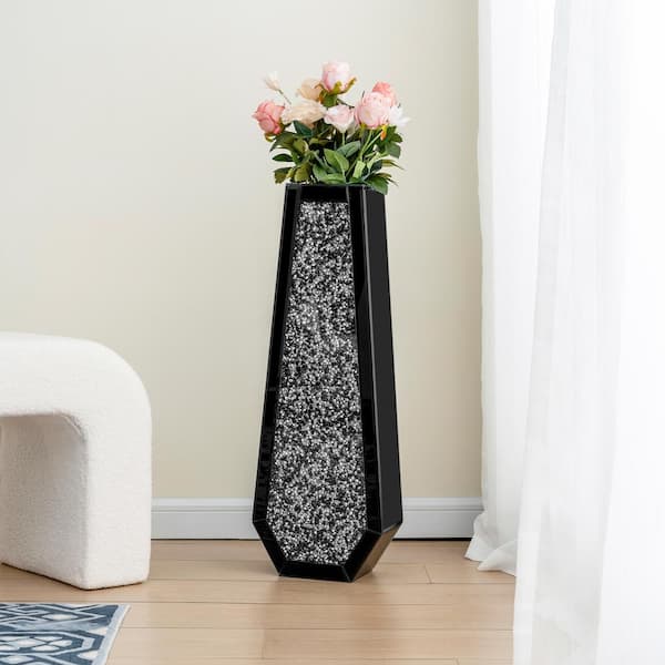 THKSHOUZ 30 in. Black Mirrored Glass Amphora Decorative Vase