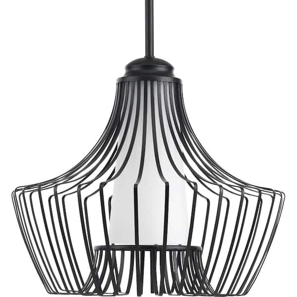 Progress Lighting Finn Collection 1-Light Black Large Pendant with Etched White Glass