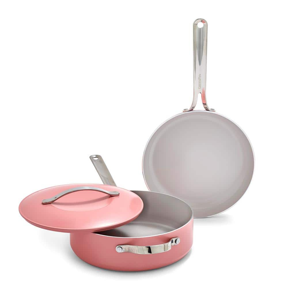 GreenPan Nova 3-Piece Diamond Infused PFAS-Free Ceramic Nonstick 10 in. Fry Pan and 4.37 qt. Saute Pan Set with Lid in Coral