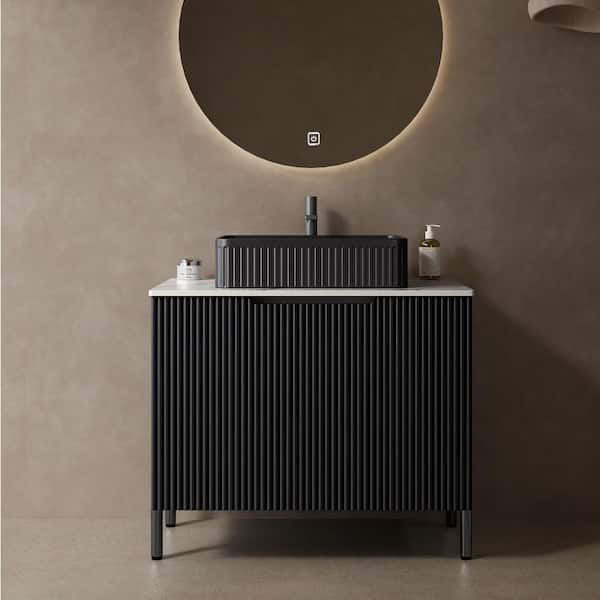 30 in. Freestanding Black Bath Vanity with White Sintered Stone Top, Ceramic Vessel Basin, Sink Hole Cover and Drain