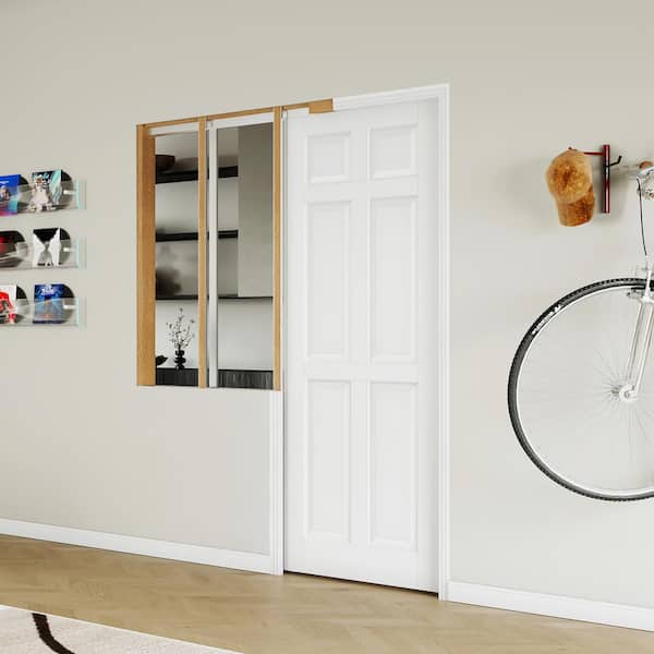 30 in. x 80 in. White Primed Hollow Wood 6 Panel MDF Textured Sliding Pocket Door with Soft Close, Frame and Hardware