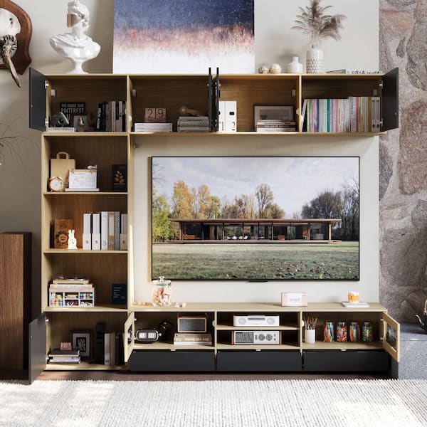 Oakand Black TV Stand Entertainment Center Fits TVs up to 75 in. with Bookshelf, Wall Cabinets and Glass Doors