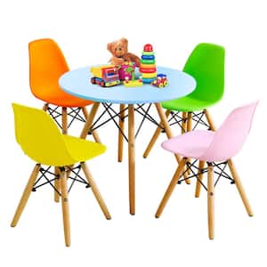 5-Piece Round Wood Top Kids Table and 4 Chairs Set Solid Construction Dining Table Set