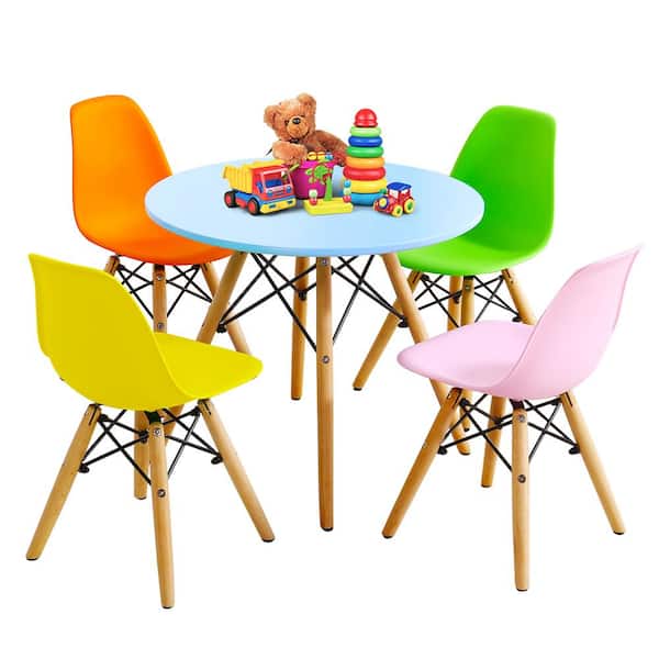 HONEY JOY 5-Piece Round Wood Top Kids Table and 4 Chairs Set Solid Construction Dining Table Set