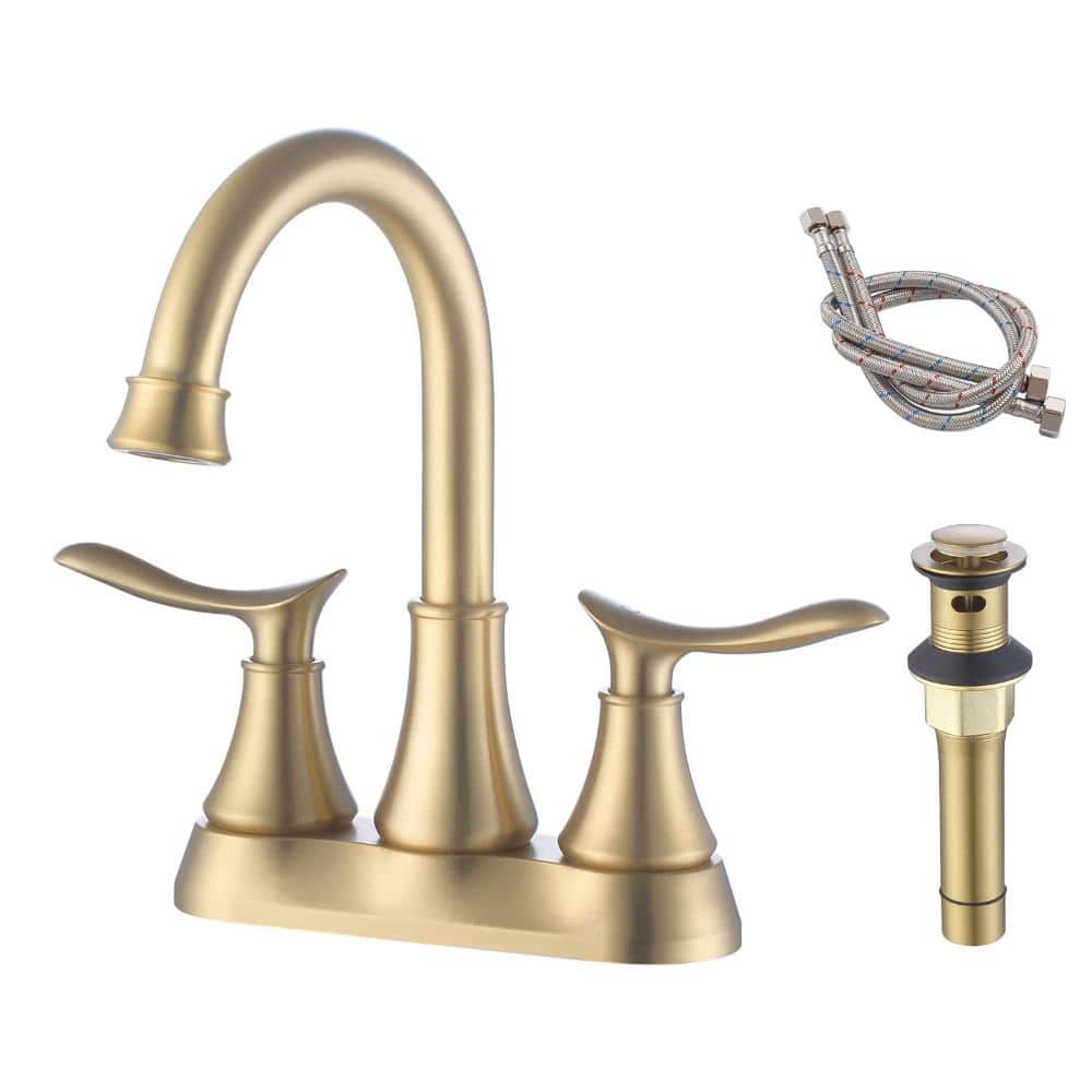 4 in. Centerset 2 Handle High Arc Bathroom Faucet with 360° Swivel Spout and Drain Kit Included in Brushed Gold price history on PriceWatchPro