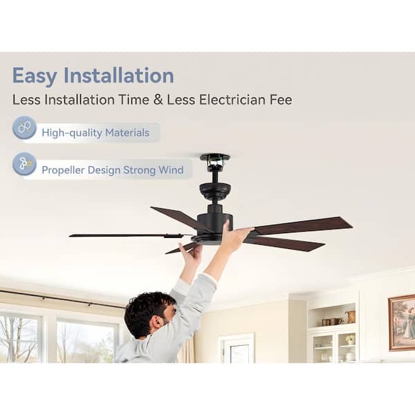 52 in. Indoor/Covered Outdoor Matte Black Standard Quiet Downrod Ceiling Fan without Light with Remote Control, DC Motor