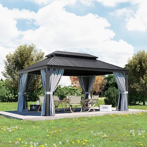 12 ft. x 16 ft. Grey Aluminum Hardtop Gazebo Galvanized Steel Roof with Curtain and Mosquito Net