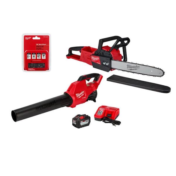 Milwaukee M18 FUEL 16 in. 18V Lithium-Ion Brushless Battery Chainsaw Kit with M18 FUEL Blower, Extra Chainsaw Chain