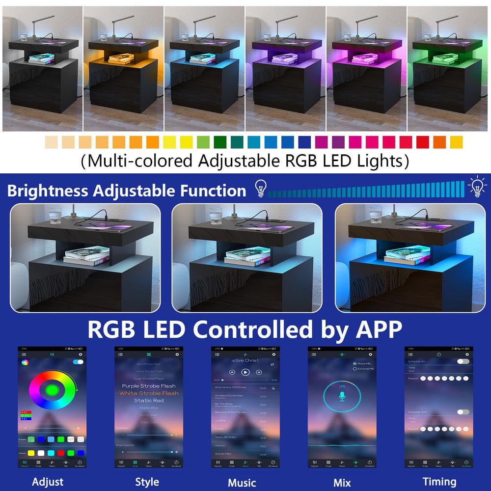Modern Black 2-Drawer Nightstand with Wireless Charging and LED Light