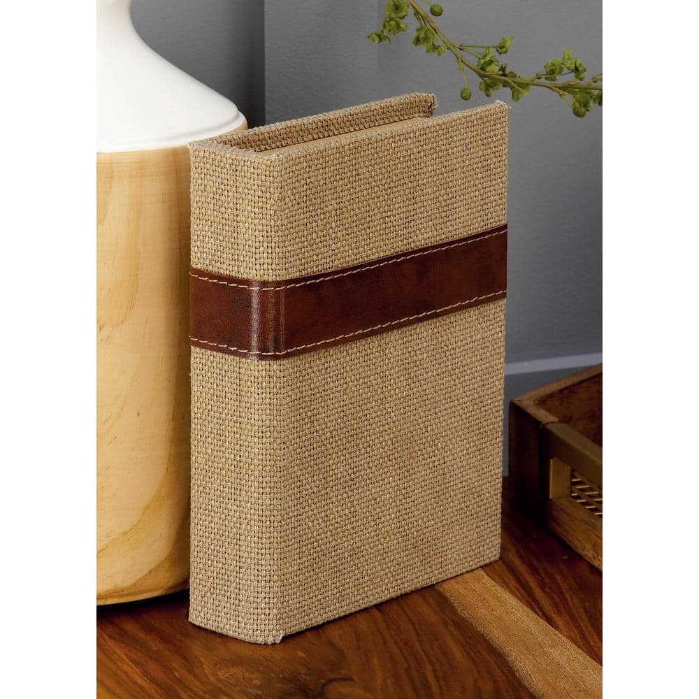 Set of 3 Beige and Brown Burlap Faux Leather Book Boxes