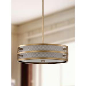 Greta Veil 4-Light Antique Gold Drum Hanging Pendant Lighting with Etched Off-White Shade