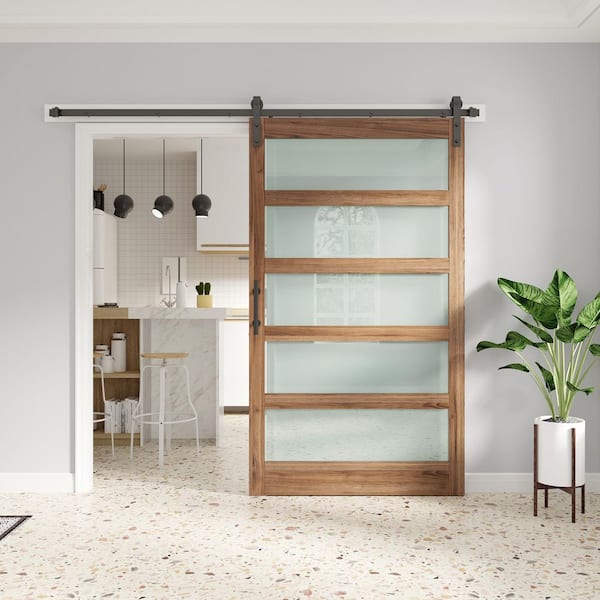 48 in. x 84 in. 5 Lite Frosted Glass Brown Finished Solid Wood Sliding Barn Door with Hardware Kit