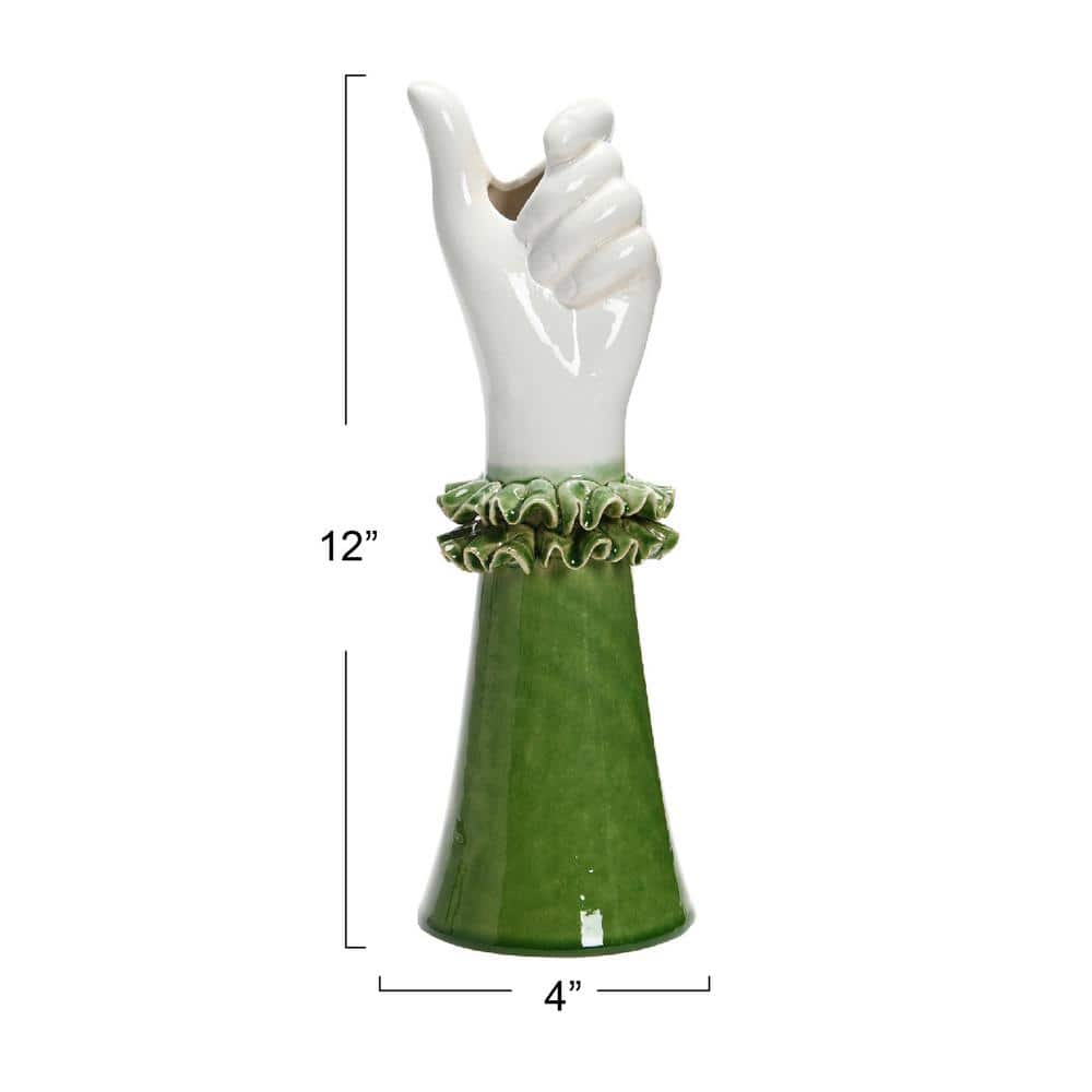 Green and White Ceramic Hand Vase with Ruffled Sleeve