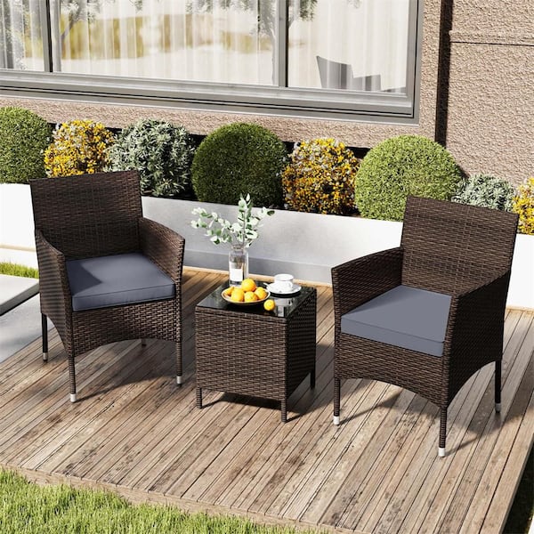 Costway 3-Piece Wicker Patio Conversation Set with Tempered Glass Tabletop and Gray Cushions