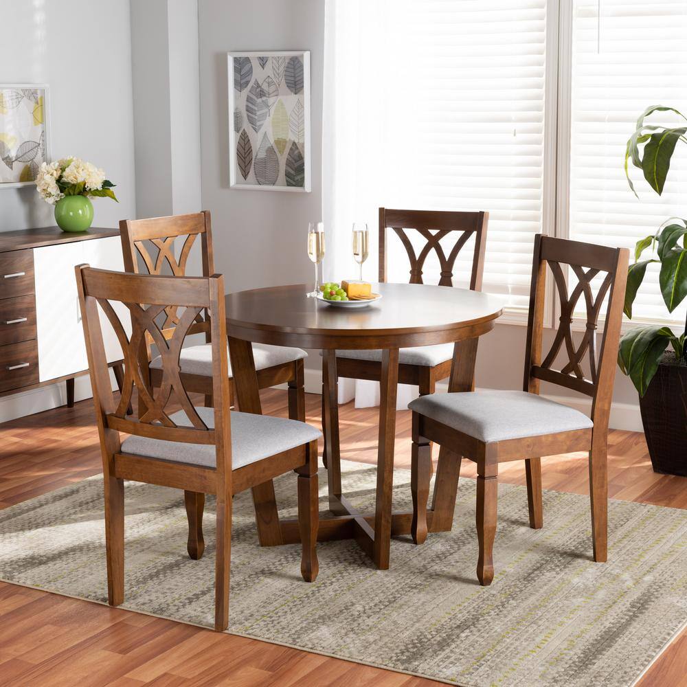 Aggie Grey Fabric and Walnut Wood 5-Piece Circular Dining Set