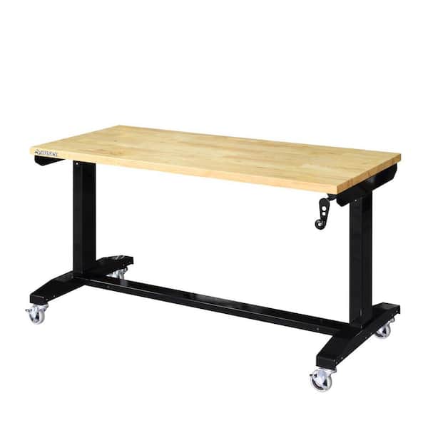 Husky 52 in. W x 24 in. D Adjustable Height Solid Wood Top Workbench Table in Black