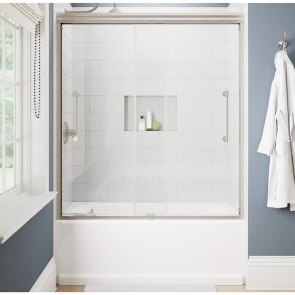 Delta Ashmore 54-5/8 to 60 in. W x 60- H Semi-Frameless Sliding Bathtub Door in Nickel with 5/16 in. Clear Glass