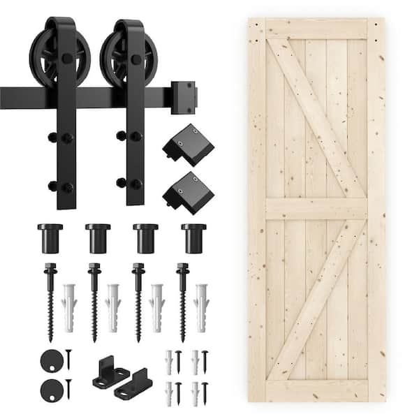 WINSOON 30 in. x 84 in. Unfinished K-Bar Solid Spruce Wood Interior Sliding Barn Door Slab with Hardware Kit