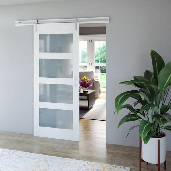 36 in. x 84 in. 4 Lite Full Frosted Glass White MDF Sliding Barn Door with Hardware Kit