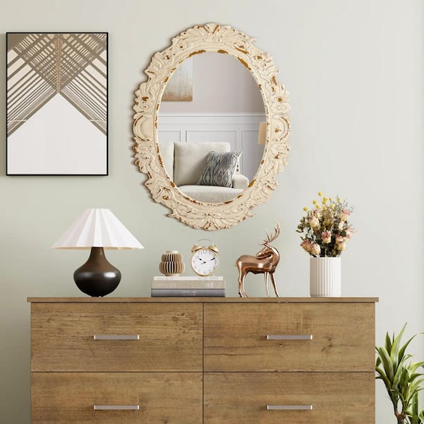 26 in. W x 34 in. H Ornate Oval Baroque Antique White Finish Framed Art Deco Decorative Wall Mirror