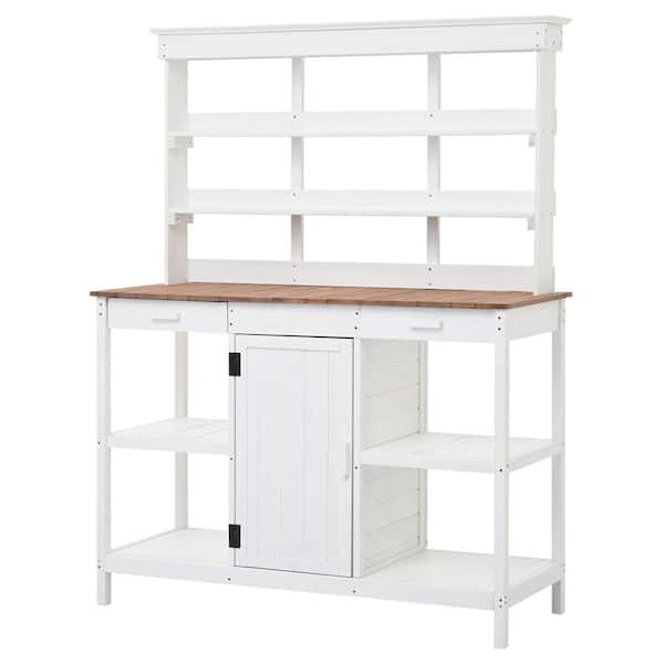 Unbranded 50 in. W x 66 in. H White Large Wooden Potting Bench Table, Garden Workstation with 2 Drawers, Cabinet and Open Shelves