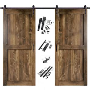 54 in. x 84 in. H-Frame Walnut Double Pine Wood Interior Sliding Barn Door with Hardware Kit, Non-Bypass