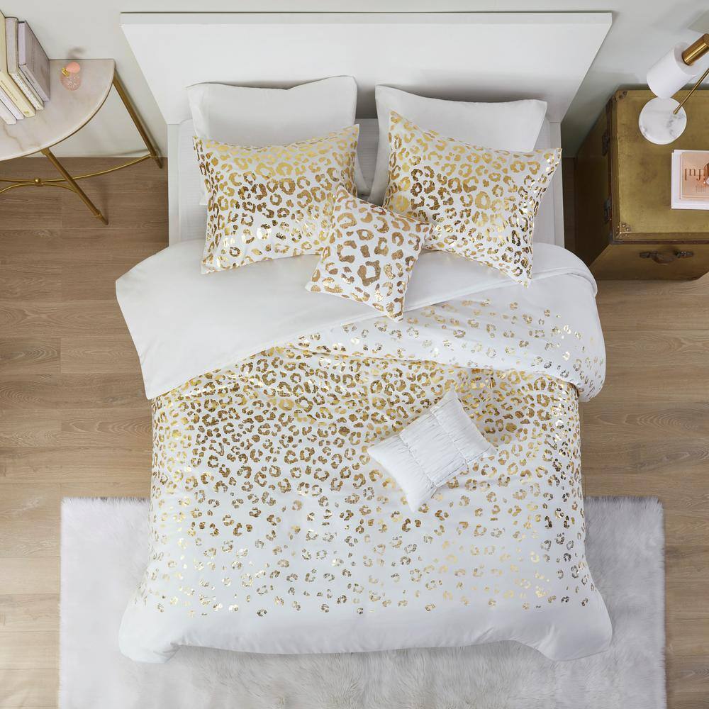 Ivory and Gold Metallic Animal Print Twin Duvet Cover Set