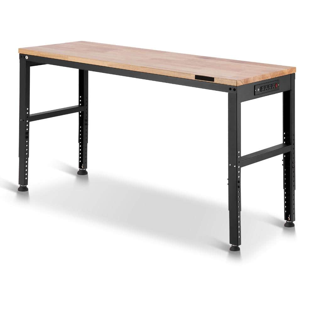 61 in. W x 20 in. D Adjustable Height Natural Workbench Table with Hardwood Top Power Outlet, Weight Capacity 2000 LBS