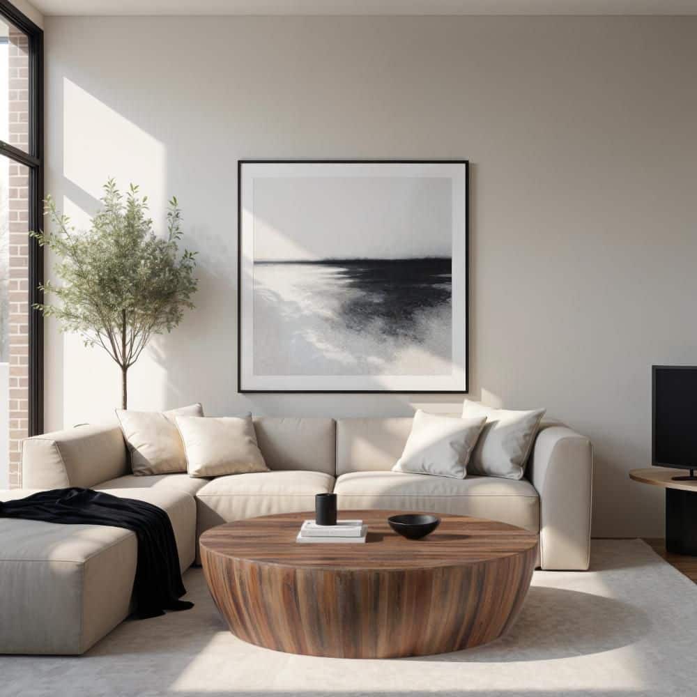 Rustic Drum-Shape Handcarved Mango Wood Coffee Table, Raw Brown