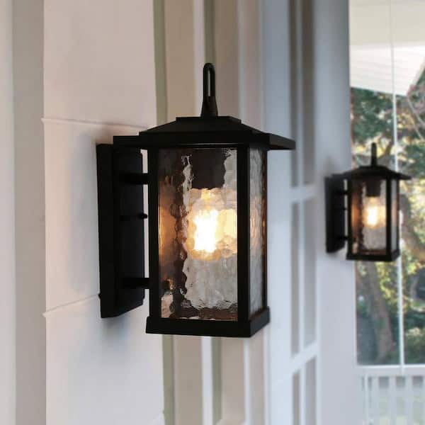 Modern Black Outdoor Wall Sconce, Farmhouse Lantern Coach Light with Waterglass Shade, 1-Light Porch Patio Deck Lighting