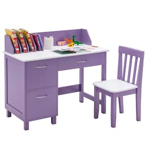 2-Piece Kids Wood Top Purple Study Desk and Chair Writing Table with Drawer Storage Cabinet