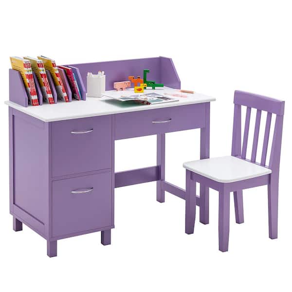 2-Piece Kids Wood Top Purple Study Desk and Chair Writing Table with Drawer  Storage Cabinet