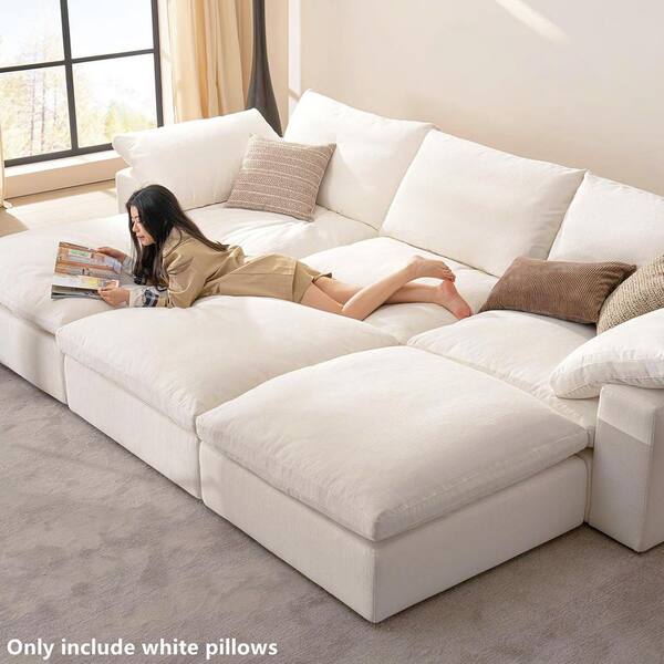 118 in. Square Arm 6-Piece Linen L-shaped Sectional Sofa Cloud Couch in White with Ottoman