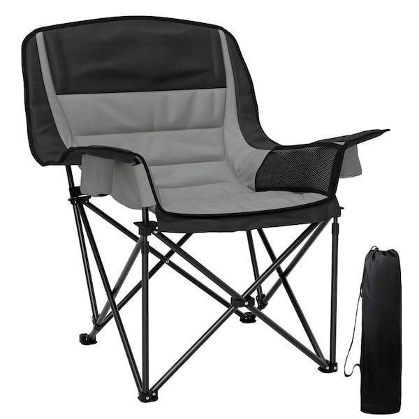 Outsunny Padded Camping Chair for Adults, Gray Portable Folding Camping Chair with Side Pockets, Cup Holders, and Carry Bag