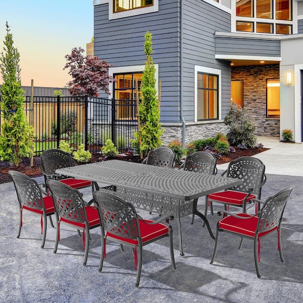 Willit Isabella Black 9-Piece Cast Aluminum Outdoor Dining Set with Rectangle Table and Dining Chairs with Random Color Cushion