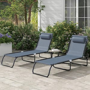 Set of 2 Gray Steel Outdoor Lounge Chair, Patio Sun Tanning Chair with Pillow, 4-Position Reclining Back