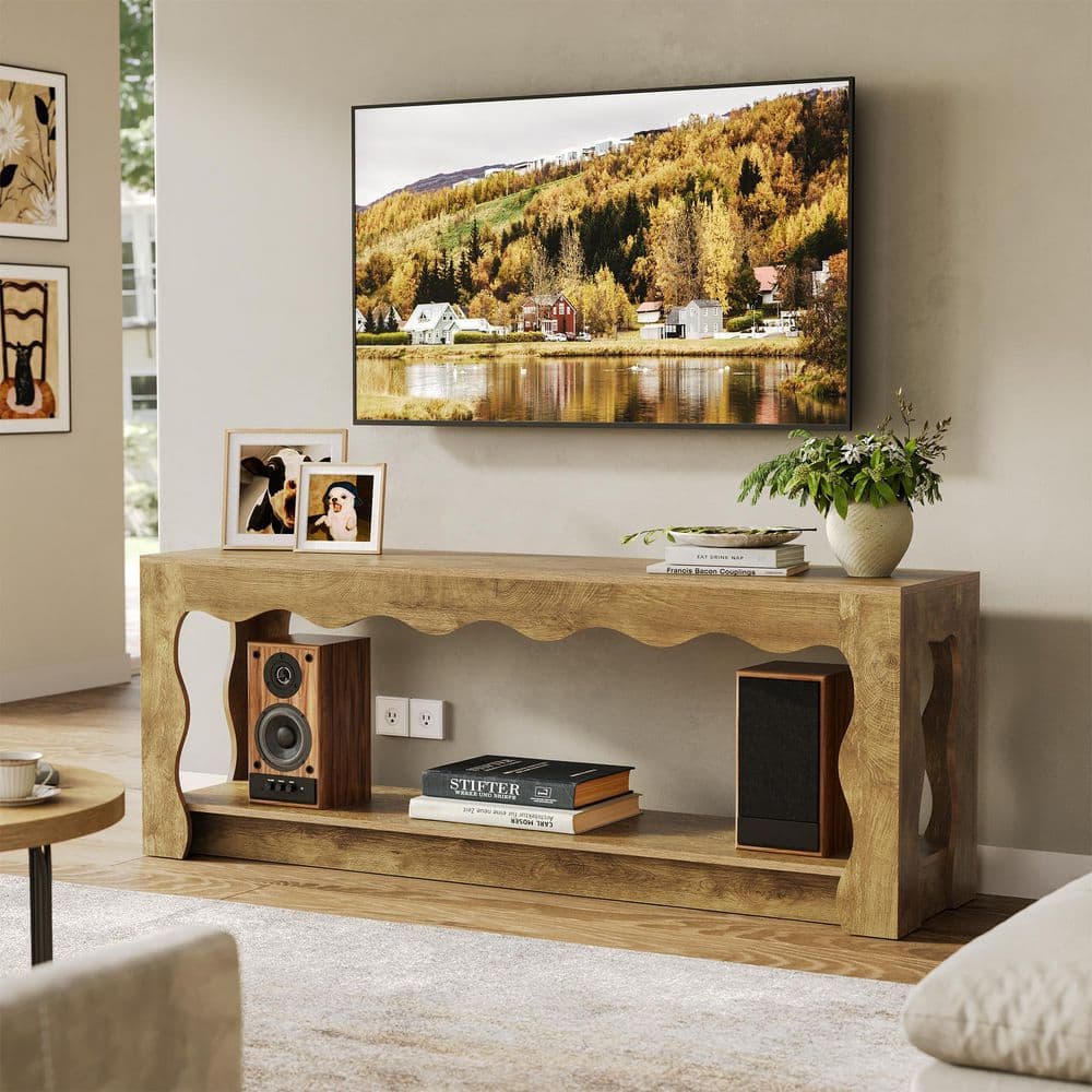 Ezlynn Natural 63 in. Long TV Stand with Shelf, TV Stand with Wavy Frame Design Fits TV's up to 65 in. price history on PriceWatchPro