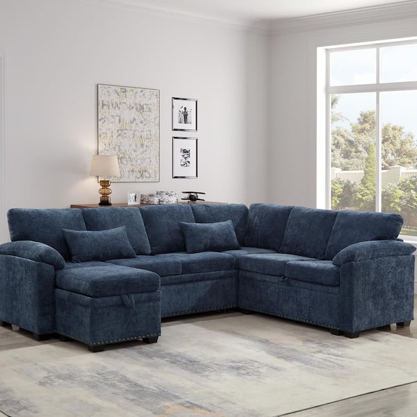 Selene Modern 97.2 in. Chenille Convertible Pull-Out Modular Sectional Sofa in. Dark Blue with Storage Ottoman, Pillows