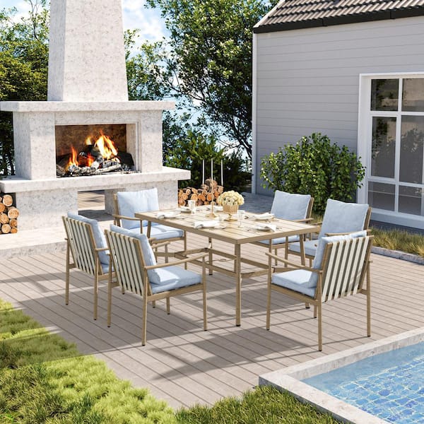 ChillPavilion Sunset Retreat Aluminum Outdoor Patio Dining Chairs with Blue Cushions (6-Pack)