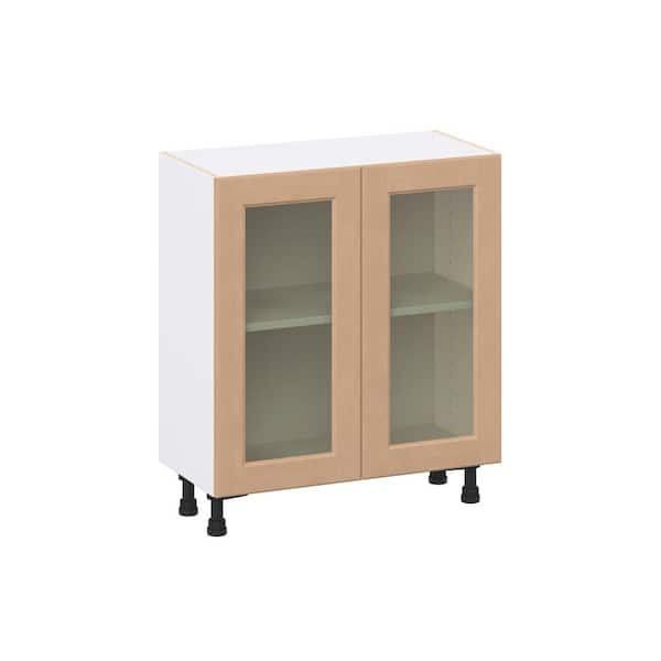 Lakewood Sugar Cookie Shaker Assembled Shallow Base Full Height Glass Door Kitchen Cabinet 30 in.W x 34.5 in.H x 14 in.D