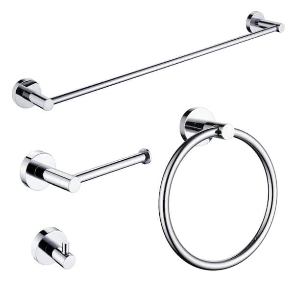 4-Piece Polished Chrome Bathroom Accessories Set with Towel Bar Towel Hook Toilet Paper Holder and Towel Ring
