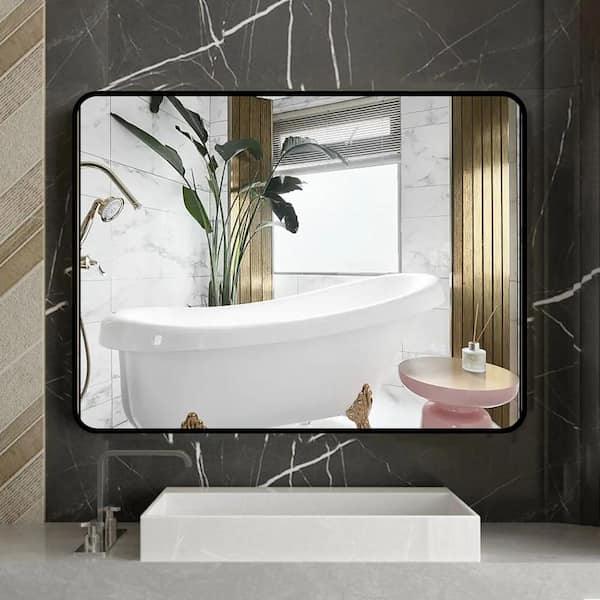 FUNKOL 32 in.L x 0.8 in. W x 24 in. H Medium Rectangular Framed Rustless Wall Mounted Bathroom Vanity Mirror in Black