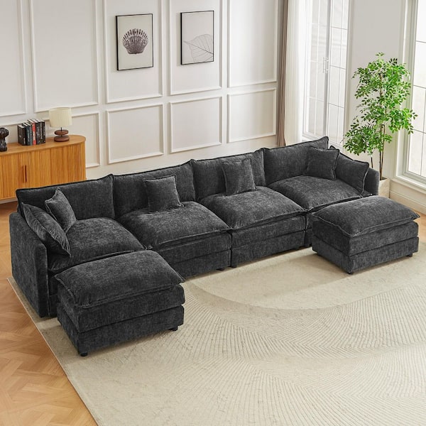 147.2 in. Square Arm L-Shaped Chenille Deluxe Pillow-Styled Modular Sectional Sofa in. Grey with 2 Ottoman
