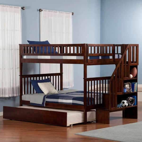 Woodland Walnut Full Over Full Staircase Bunk Bed with Twin Size Urban Trundle Bed