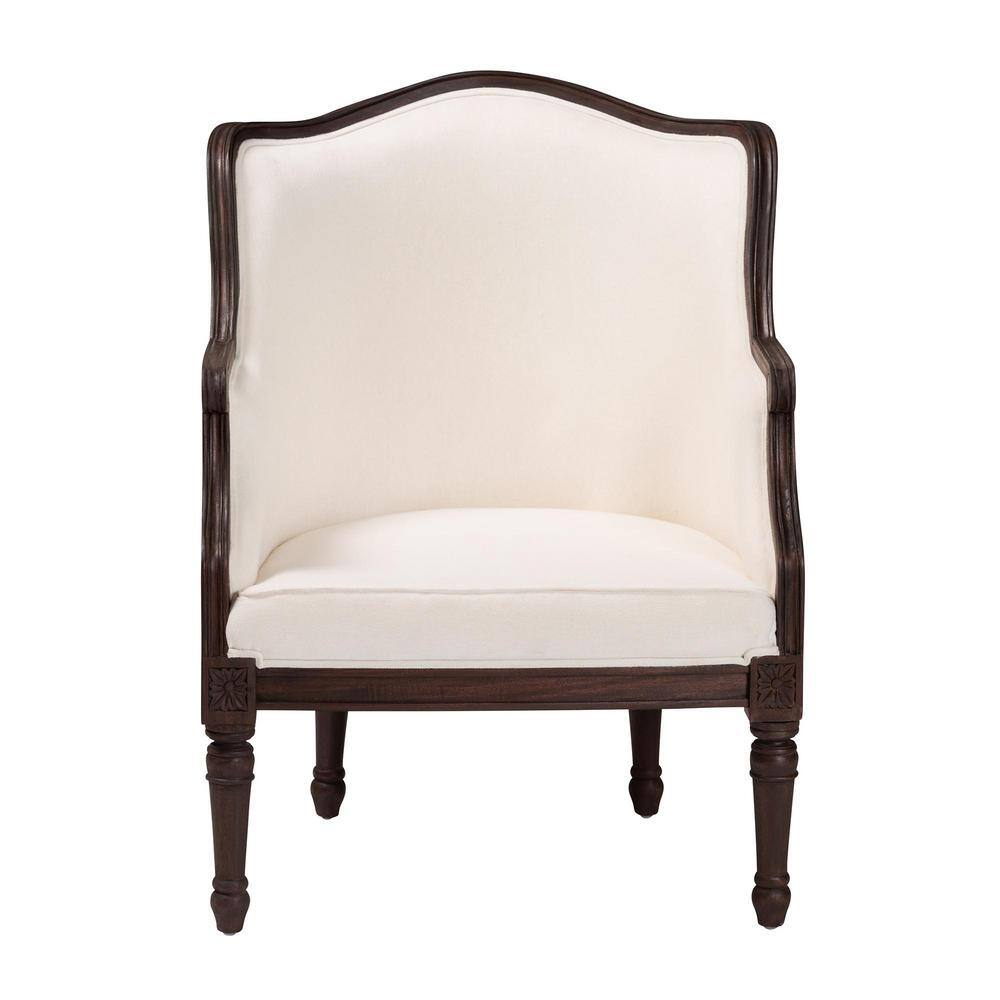 Beige and Dark Brown Carved Wood Accent Chair with Woven Rattan