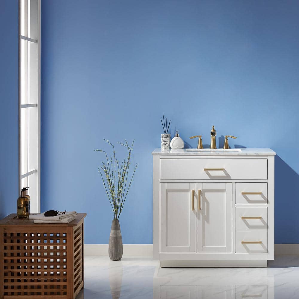 Ivy 36" White Marble Countertop Single Vanity with Gold Hardware
